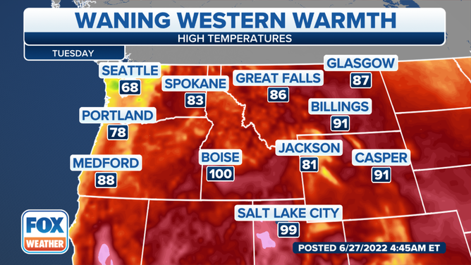 High temperatures forecast across the Pacific Northwest on Tuesday.