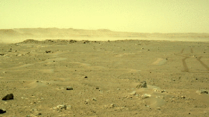 This series of images from a navigation camera aboard NASA’s Perseverance rover shows a gust of wind sweeping dust across the Martian plain on June 18, 2021. (Image credit: NASA/JPL-Caltech)