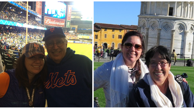 Waddington and her father John at the Mets World Series game (left); Waddington and her mother Debra by the Leaning Tower of Pisa in Italy.