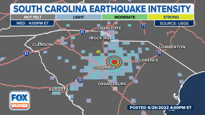 Where the 3.5 magnitude earthquake was felt in South Carolina on June 29, 2022.
