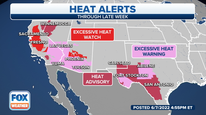 NOT A CURRENT MAP – An example of the various heat alerts issued across the West and the Southern Plains on Tuesday, June 7, 2022.
