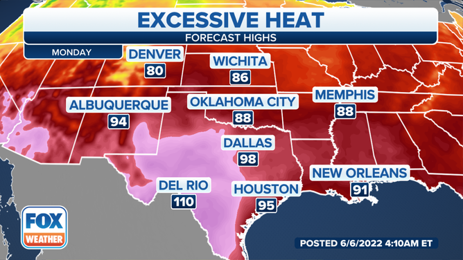 Forecast highs across the Southern Plains.