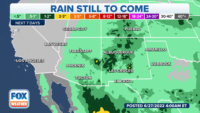 Southwest rain incoming over the next 7 days from the ongoing monsoon season.