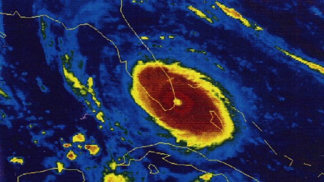 Satellite image of Hurricane Andrew at landfall.