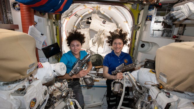 NASA astronauts Jessica Meir (left) and Christina Koch (right) conducted the first all-female spacewalk in October 2019.