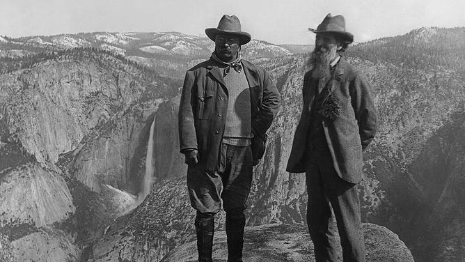 Roosevelt (left) and fellow conservationist John Muir (right) in Yosemite National Park.