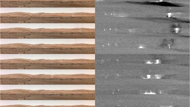 Left) Portion of Navcam dust devil movie zooming in on vortices in the scene with images every ~28 s (every other frame) from 12:10:42 to 12:14:01 LTST. (Right) Difference between each image and the average enhancing changes in the scene, which include dust devils, their shadows, and surface dust changes. (Image: NASA JPL)