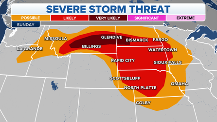 Severe storms with damaging wind, large hail and tornadoes possible from Northern Rockies to Plains