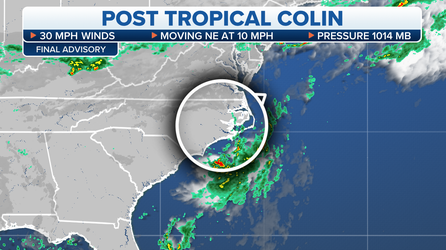 So long, Colin! Post-tropical storm pulling away from US coast