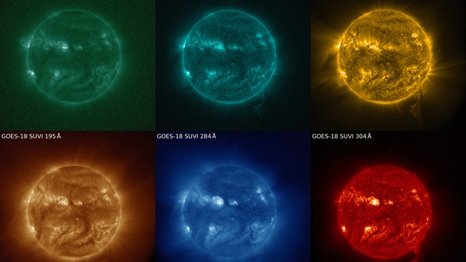 A coronal mass ejection from the sun is pictures in six different wavelengths taken by NOAA's GOES-18 satellite.