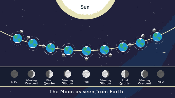The position of the Moon and the Sun during each of the Moon’s phases and the Moon as it appears from Earth during each phase. Not to scale.