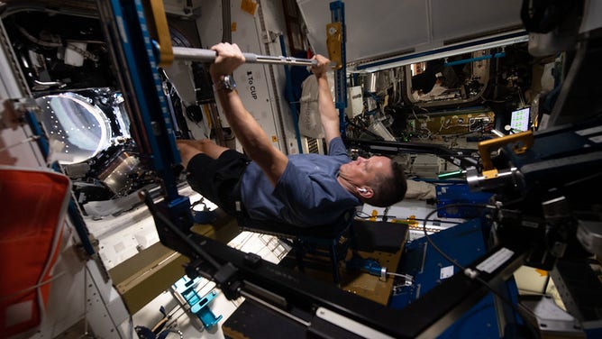 NASA astronaut and Expedition 67 Flight Engineer Bob Hines works out on the Advanced Resistive Exercise Device (ARED) inside the International Space Station's Tranquility module. (Image: NASA)