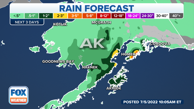 Rain forecast from Tuesday to Thursday across Alaska.