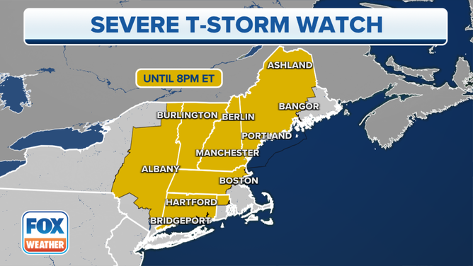 A Severe Thunderstorm Watch is in effect until 8 p.m. for parts of Maine, New Hampshire, Vermont, New York, Massachusetts, Rhode Island and Connecticut