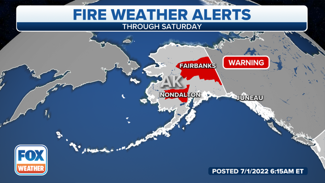 Fire Weather Warnings are in effect for parts of Alaska through Saturday. Scattered thunderstorms are expected and with very dry conditions new fires are possible, warns the NWS Fairbanks. 
