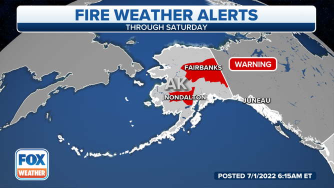 Fire Weather Warnings are in effect for parts of Alaska through Saturday. Scattered thunderstorms are expected and with very dry conditions new fires are possible, warns the NWS Fairbanks.