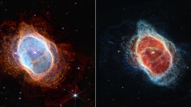 This side-by-side comparison shows observations of the Southern Ring Nebula in near-infrared light, at left, and mid-infrared light, at right, from NASA’s Webb Telescope.