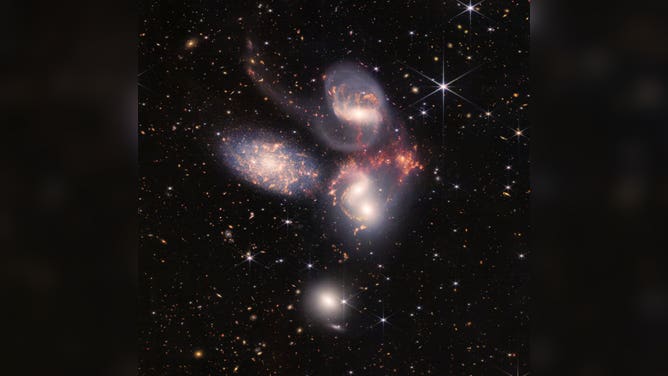 An enormous mosaic of Stephan’s Quintet is the largest image to date from NASA’s James Webb Space Telescope, covering about one-fifth of the Moon’s diameter. It contains over 150 million pixels and is constructed from almost 1,000 separate image files. The visual grouping of five galaxies was captured by Webb’s Near-Infrared Camera (NIRCam) and Mid-Infrared Instrument (MIRI).