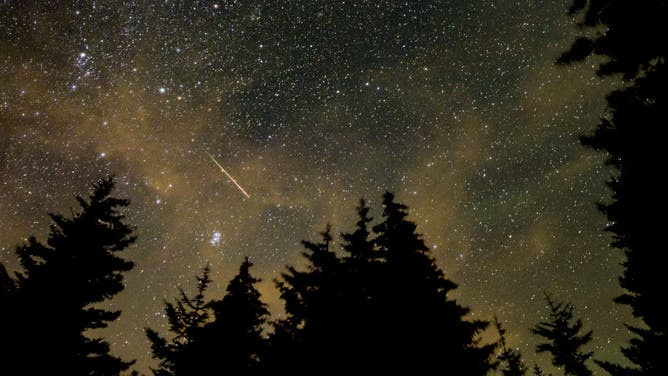 In this 30 second exposure, a meteor streaks across the sky during the annual Perseid meteor shower, Wednesday, Aug. 11, 2021, in Spruce Knob, West Virginia.