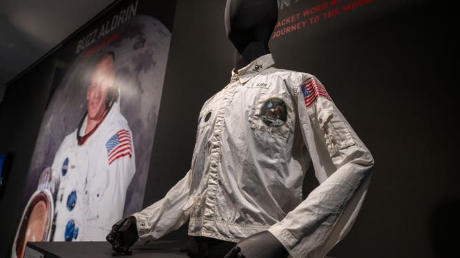 Buzz Aldrin's Inflight Coverall Jacket during the Apollo 11 mission is on display during a press preview at Sotheby's on July 21, 2022 in New York City.