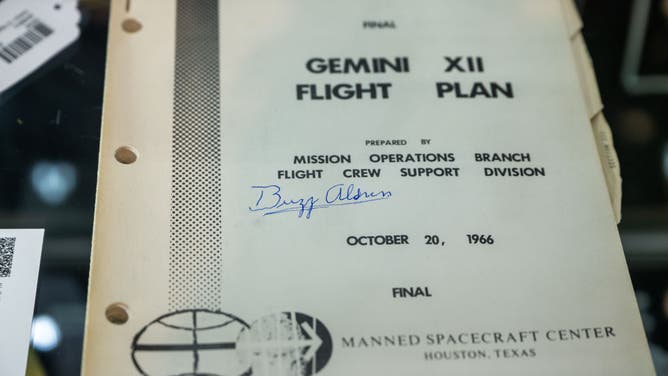 A Gemini XII flight plan signed by Buzz Aldrin is on display during a press preview at Sotheby's on July 21, 2022 in New York City
