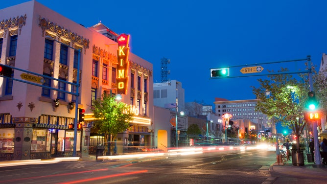 A portion of Route 66 in Albuquerque, New Mexico. Called Central Avenue, this street became Albuquerque's main drag.