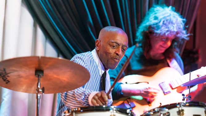Roy Haynes plays drums as he leads his Fountain of Youth Band on his 90th birthday concert at the Blue Note nightclub, New York.