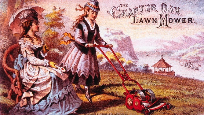 Advertisement for a lawn mower, featuring a young woman pushing the mower.