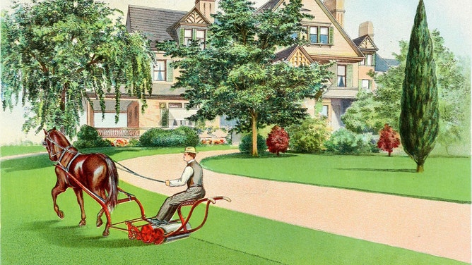 An illustration of a man using a horse-drawn lawn mower, from the volume 'Everything for the Garden: 1906, ' authored by Peter Henderson and Co, from the Henry G. Gilbert Nursery and Seed Trade Catalog Collection, 1906.