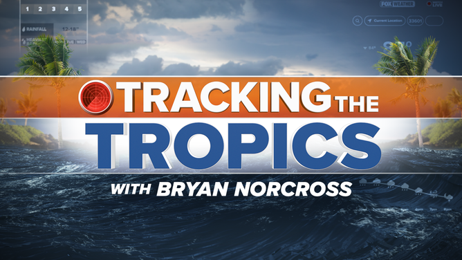Tracing the tropics with the Brian Norcross logo with text, waves and palm trees