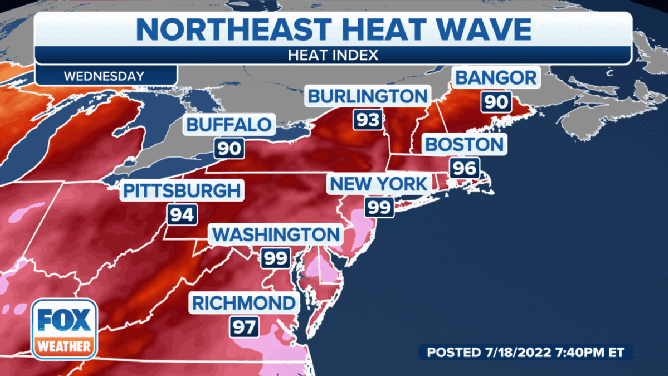 Heat index values will approach 100 degrees in the Northeast and New England