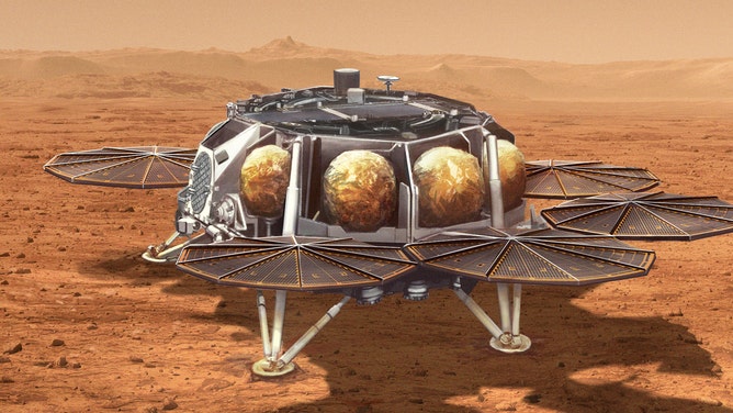 На этой иллюстрации показана концепция предлагаемого образца поисковой машины для НАСА, несущей небольшую ракету (длиной около 10 футов или 3 метра), называемую Mars Ascent Vehicle, на поверхность Марса.  Загруженная герметичными трубками, содержащими образцы марсианской породы и почвы, собранные марсоходом NASA Perseverance, ракета отправится на орбиту Марса.  Затем образцы будут доставлены обратно на Землю для детального анализа.