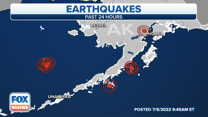 Map showing Alaska's recent cluster of earthquakes.