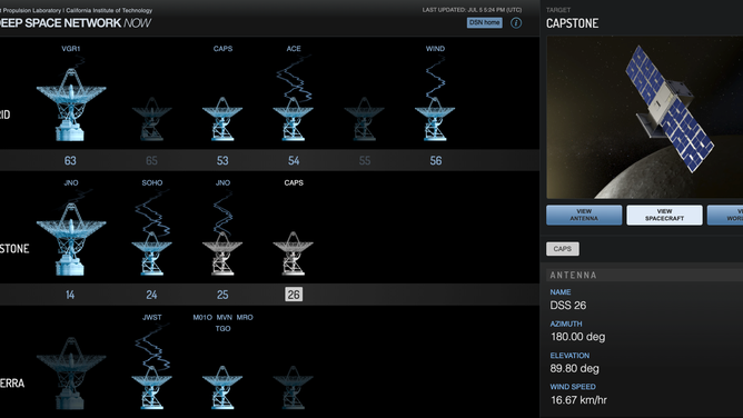 A screenshot of NASA's Deep Space Network NOW website showing communication with spacecraft. CAPS stands for CAPSTONE, a small lunar spacecraft launched on June 28.