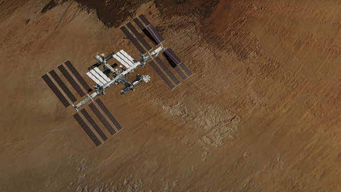 An aminamation of the International Space Station over the Bodele Depression in Chad, one of the regions were EMIT will measure the composition of mineral dust. (Image credit: NASA/JPL-Caltech)