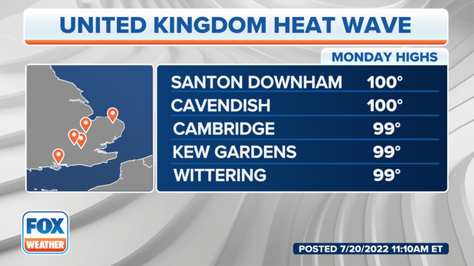 High temperatures in the UK for July 18