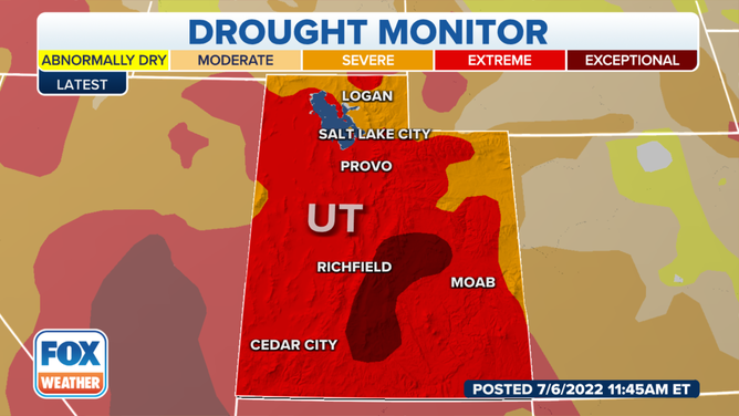 Utah drought status as of July 1, 2022. Much of the state remains under extreme drought conditions.