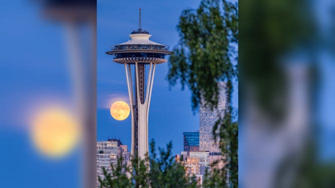 The full Buck Moon in July 2021 as seen near the Seattle Space Needle. (Image: Tim Durkan Photography)