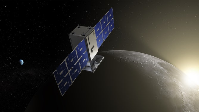 CAPSTONE revealed in lunar Sunrise: CAPSTONE will fly in cislunar space – the orbital space near and around the Moon. The mission will demonstrate an innovative spacecraft-to-spacecraft navigation solution at the Moon from a near rectilinear halo orbit slated for Artemis’ Gateway. (Credits: Illustration by NASA/Daniel Rutter)