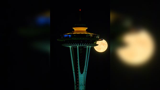 The Full Buck Supermoon slides near Seattle's Space Needle