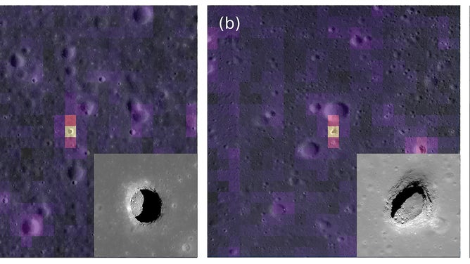 Maps of lunar pits on the moon showing temperature