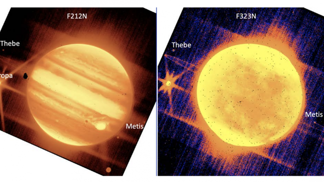 Left: Jupiter, center, and its moons Europa, Thebe, and Metis are seen through the James Webb Space Telescope’s NIRCam instrument 2.12 micron filter. Right: Jupiter and Europa, Thebe, and Metis are seen through NIRCam’s 3.23 micron filter.