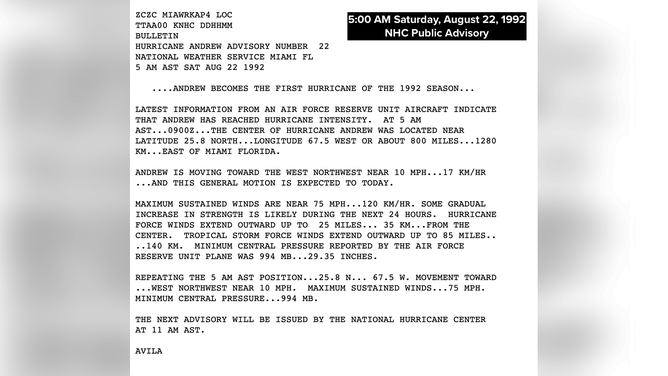 National Hurricane Center public advisory from August 22, 1992 for Hurricane Andrew