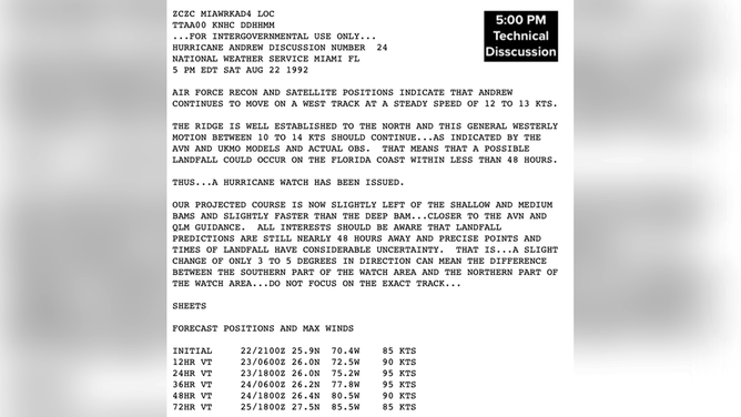 National Hurricane Center technical discussion from August 22, 1992 for Hurricane Andrew