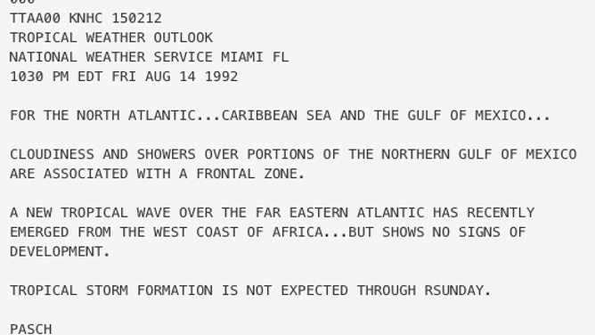 National Hurricane Center's first bulletin on Hurricane Andrew from 1992