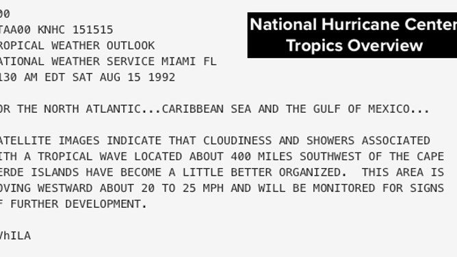 National Hurricane Center bulletin from August 15, 1992 for Hurricane Andrew