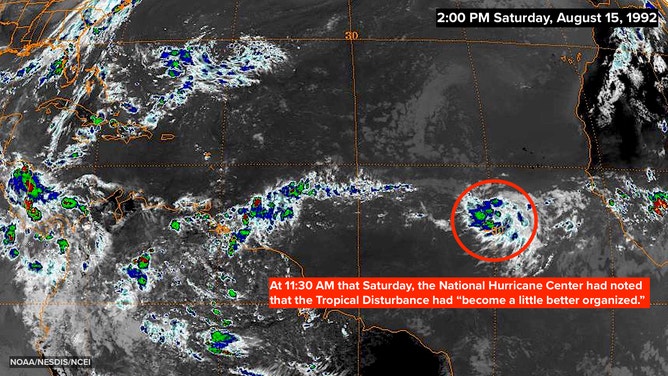 Satellite image of a tropical disturbance off the coast of Africa on August 15, 1992.