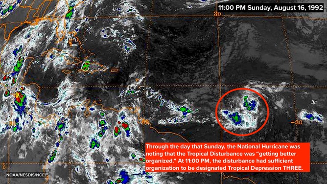 Satellite image of a tropical disturbance in the Atlantic Ocean on August 16, 1992.