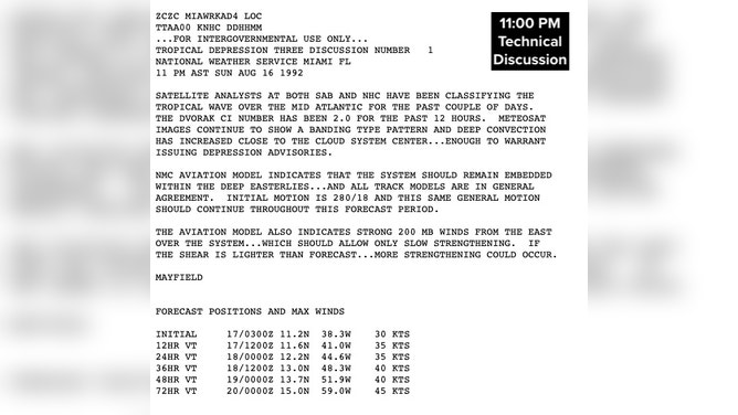National Hurricane Center technical discussion from August 16, 1992 for Hurricane Andrew
