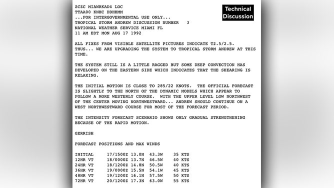 National Hurricane Center Technical Discussion for newly formed Andrew